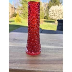 Vintage Whitefriars Geoffrey Baxter Bark Glass Ruby Red Vase 7-3/8” Tall